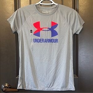 NWT UNDER ARMOUR Big Girl Big Purple/Pink Logo Gray Tee Shirt, Size X-Large